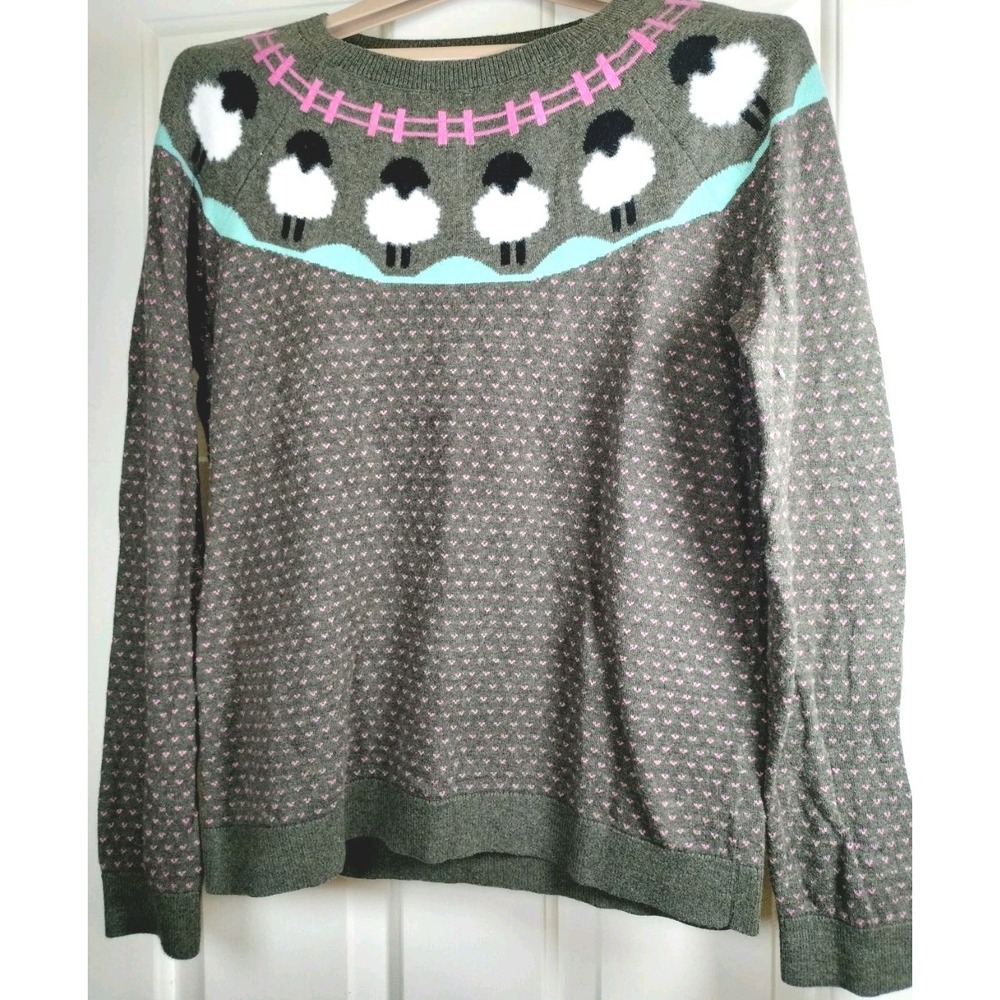 Talbots Womens Medium Green Sweater Black Sheep Fair Isle Print Pullover Crewnck